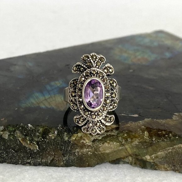 Sterling Silver 925 HAN Thai Oval Amethyst 1" Large Marcasite Ring Sz 6.25 - Picture 4 of 16
